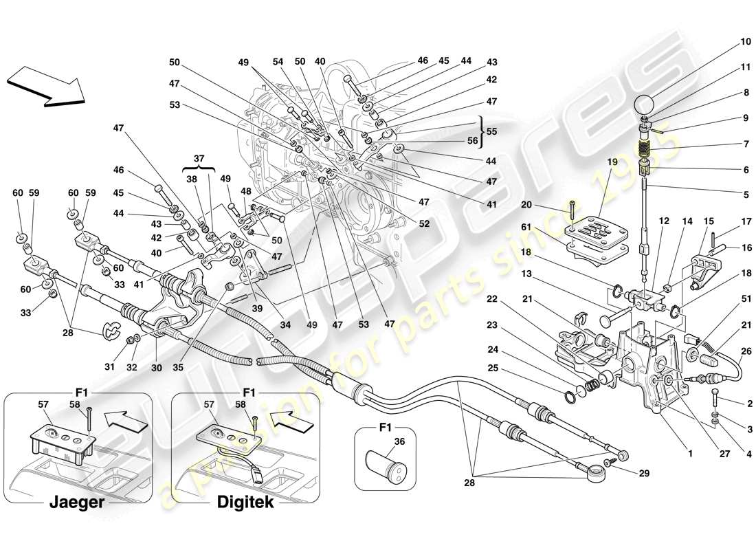 ferrari f430 spider (rhd) controles externos de la caja de cambios diagrama de piezas