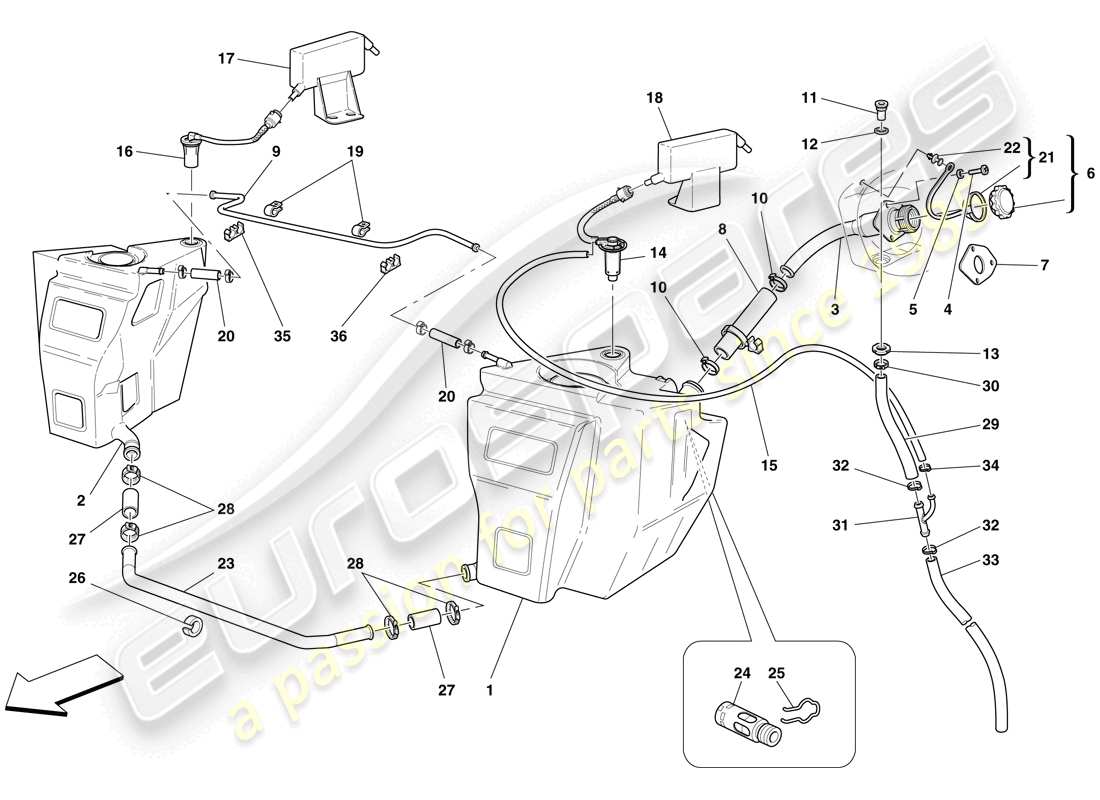 ferrari f430 scuderia (rhd) tanques de combustible y cuello de llenado diagrama de piezas