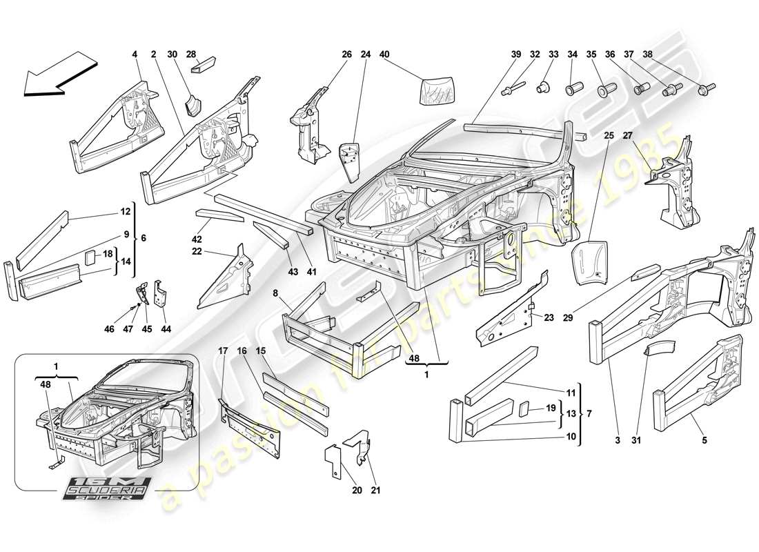ferrari f430 scuderia (rhd) chasis - estructura, elementos frontales y paneles esquema de piezas