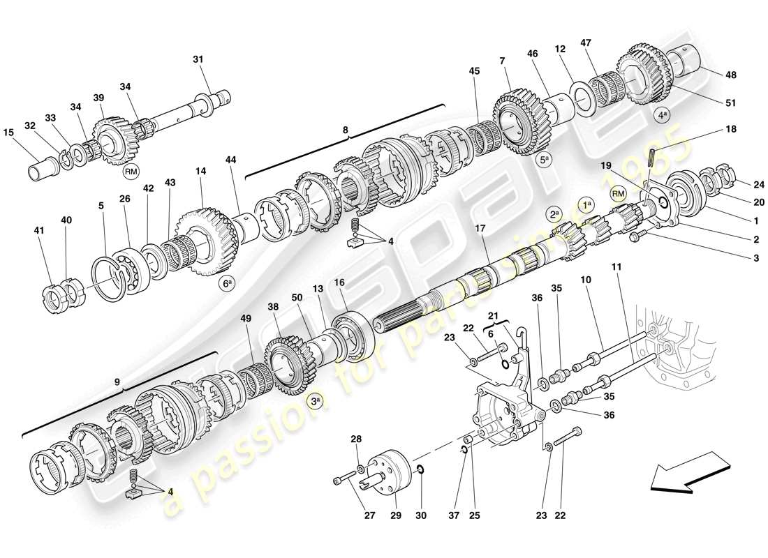 ferrari 599 gtb fiorano (europe) diagrama de piezas de los engranajes del eje de la caja de cambios primaria y de la bomba de aceite de la caja de cambios