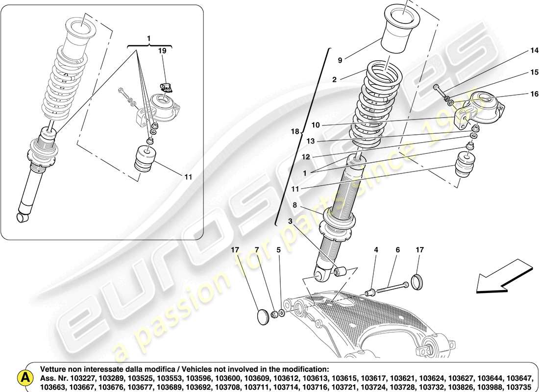 ferrari california (rhd) componentes del amortiguador trasero diagrama de piezas