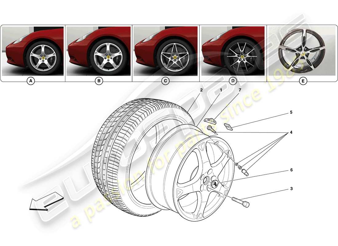 ferrari california (rhd) diagrama de piezas de ruedas y neumáticos