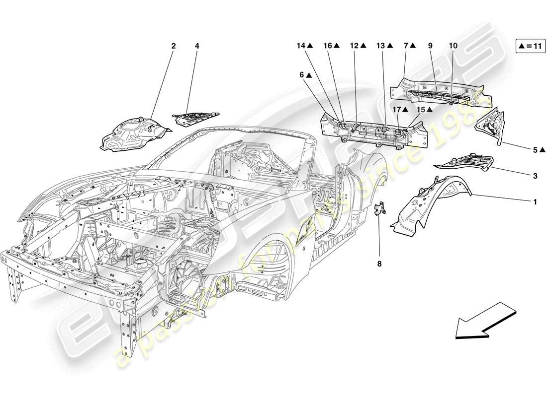 ferrari california (rhd) carrocería trasera y revestimiento exterior diagrama de piezas