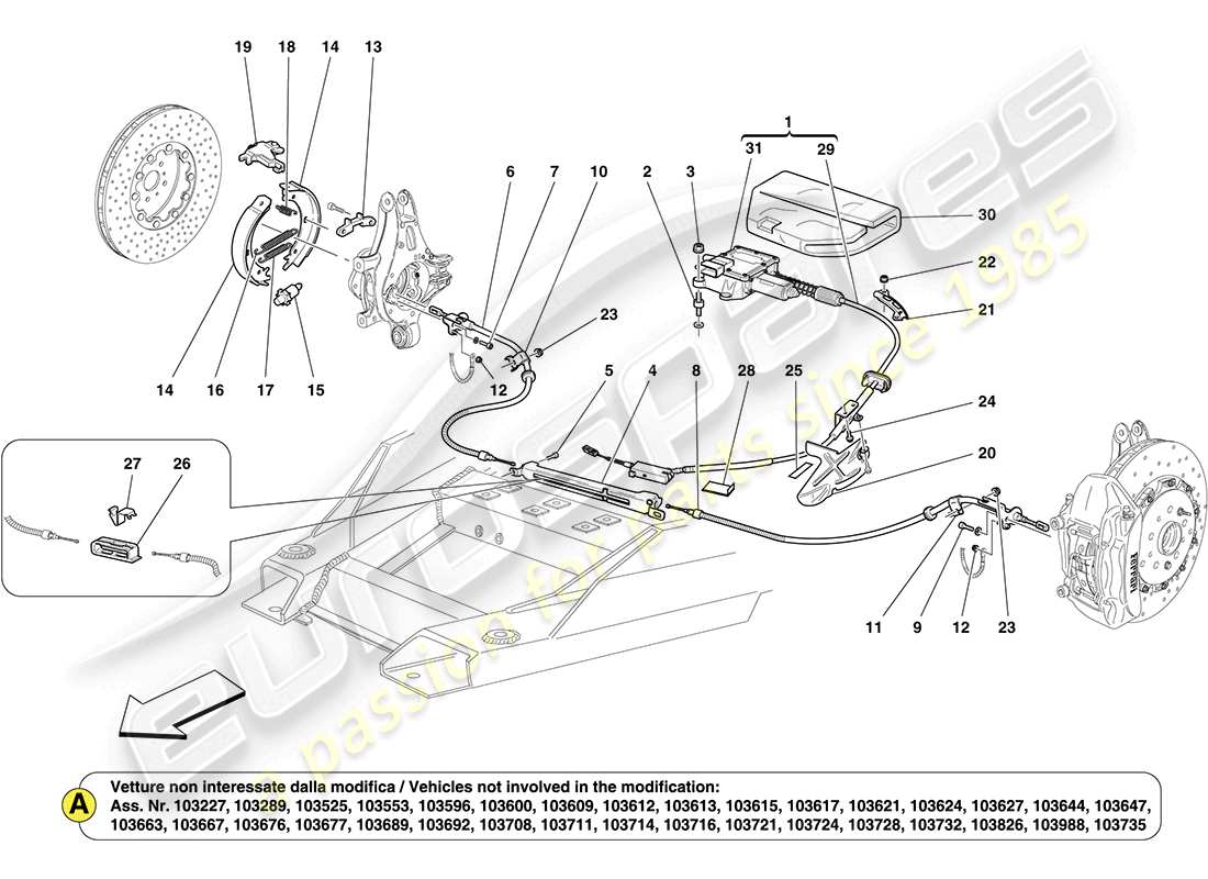 ferrari california (rhd) diagrama de piezas del freno de estacionamiento