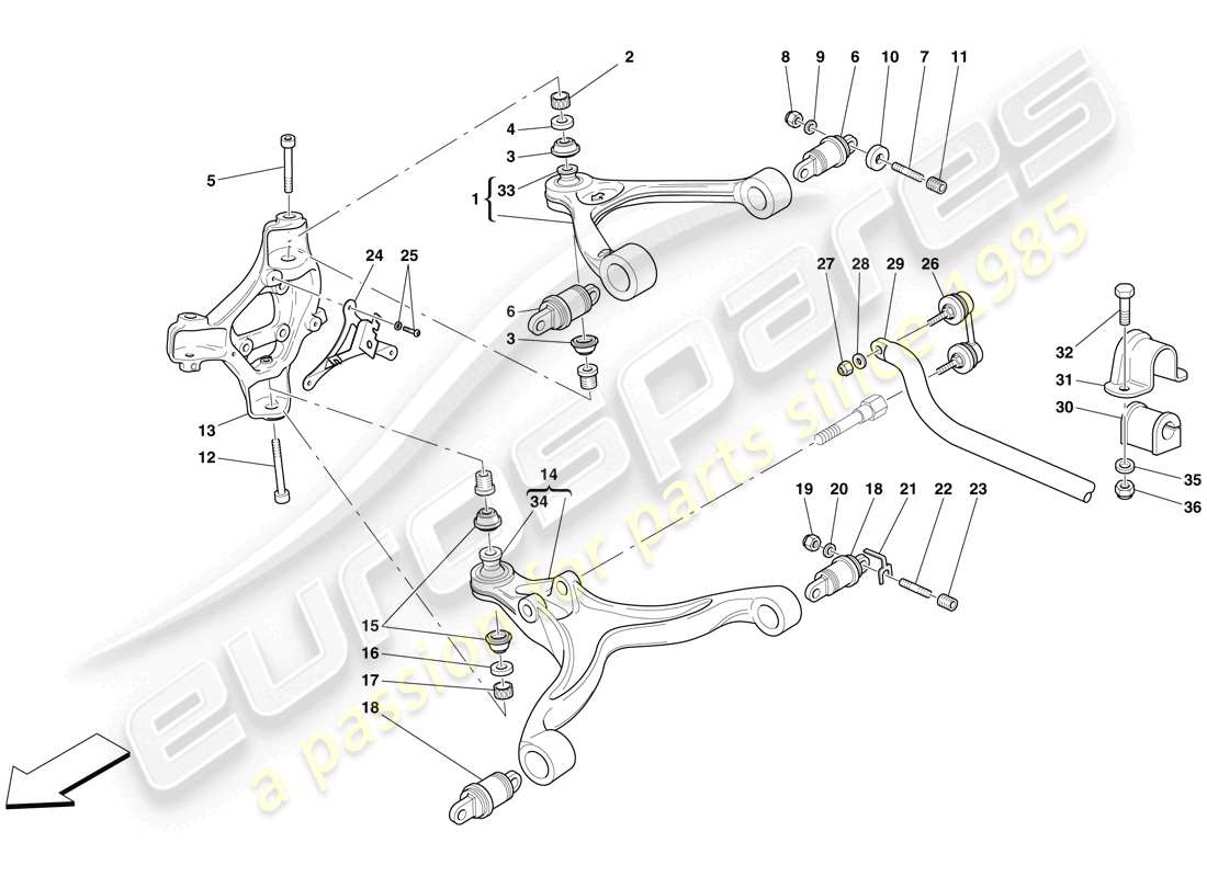 ferrari 612 scaglietti (rhd) suspensión delantera - brazos y barra estabilizadora diagrama de piezas