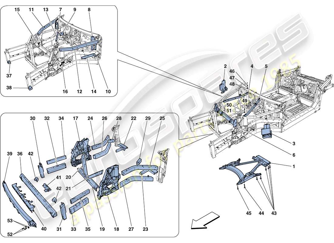 ferrari ff (rhd) estructuras y elementos delantero del vehículo diagrama de partes