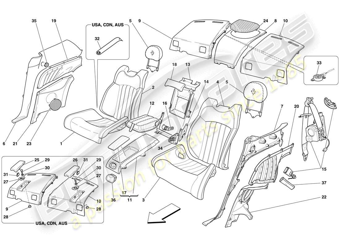 ferrari 612 sessanta (europe) asiento trasero - cinturones de seguridad diagrama de piezas