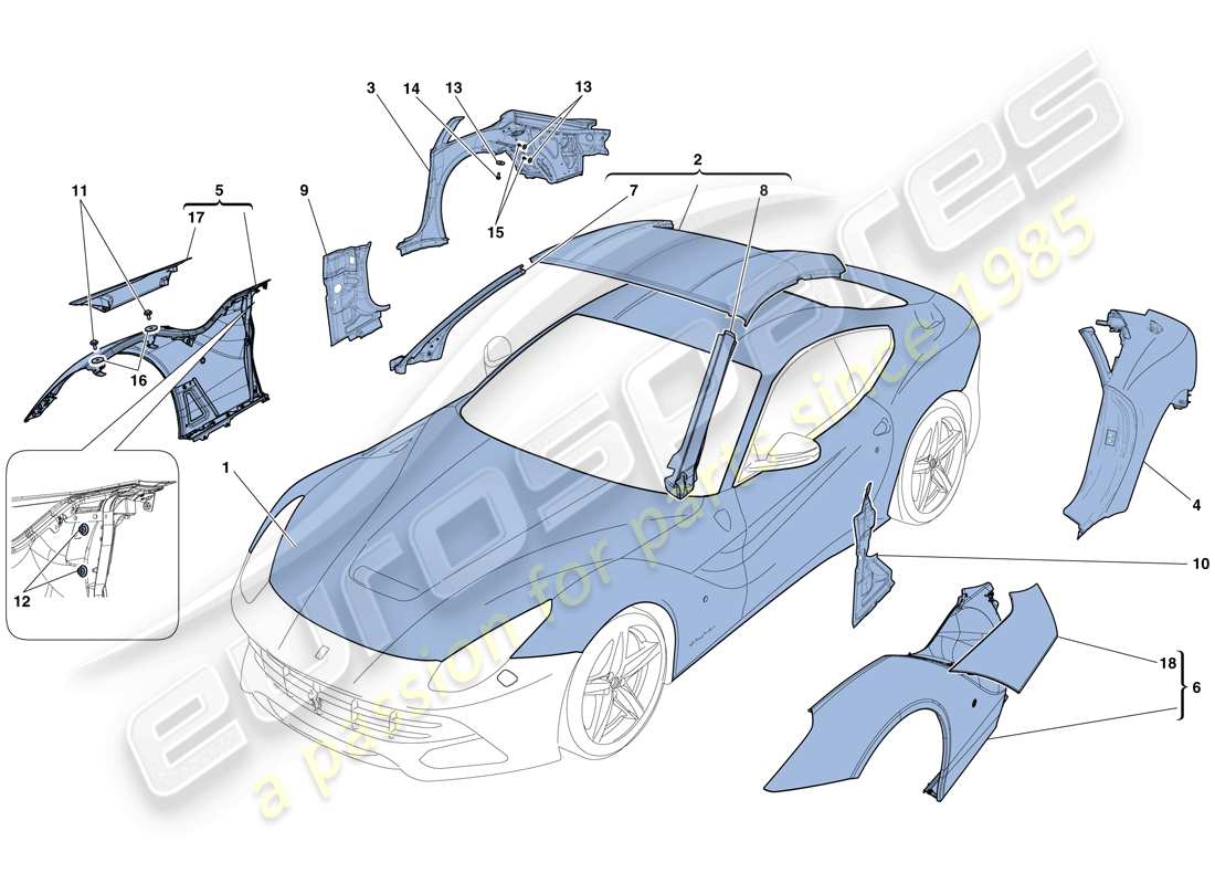 ferrari f12 berlinetta (usa) carrocería - diagrama de piezas de acabado externo