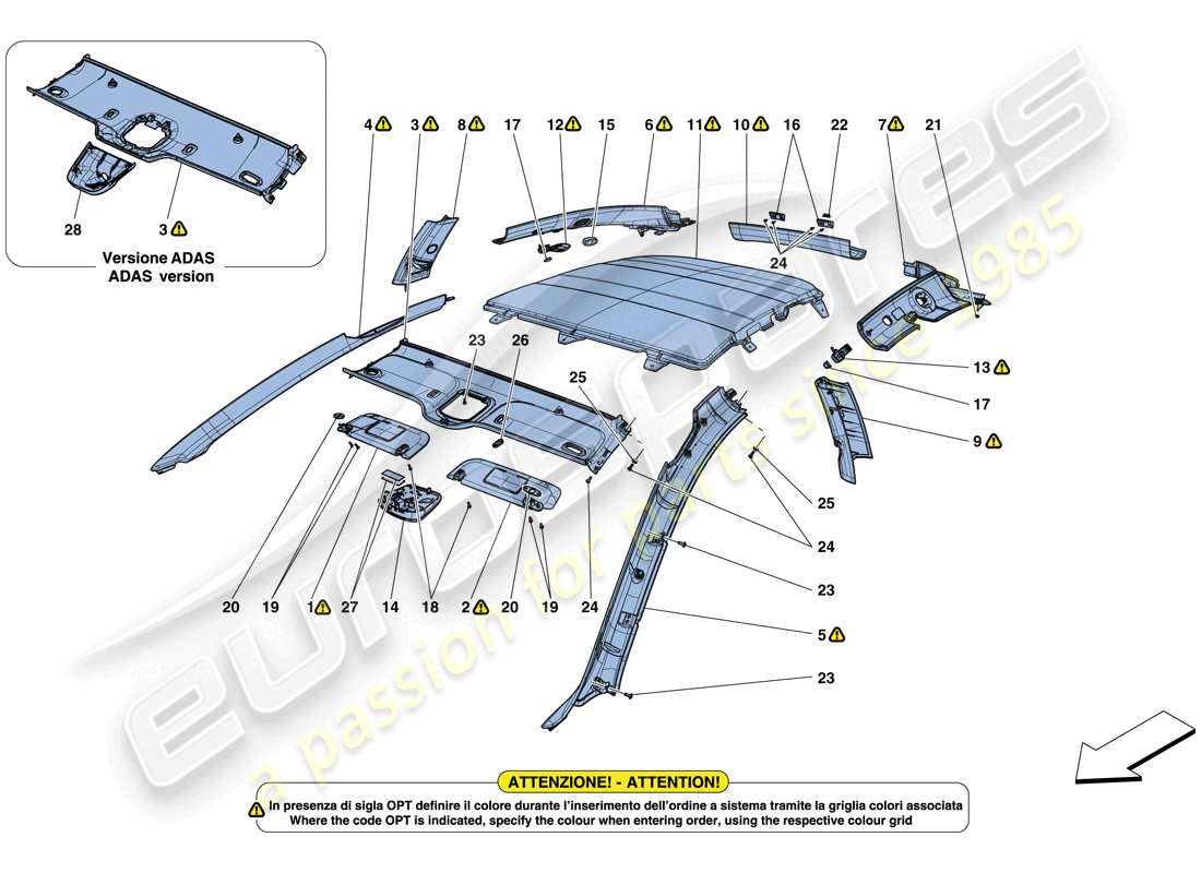ferrari gtc4 lusso (rhd) accesorios y acabados del techo diagrama de piezas