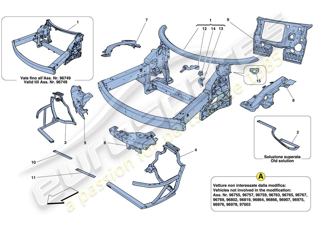 ferrari 458 italia (rhd) chasis - estructura frontal completa y paneles diagrama de piezas