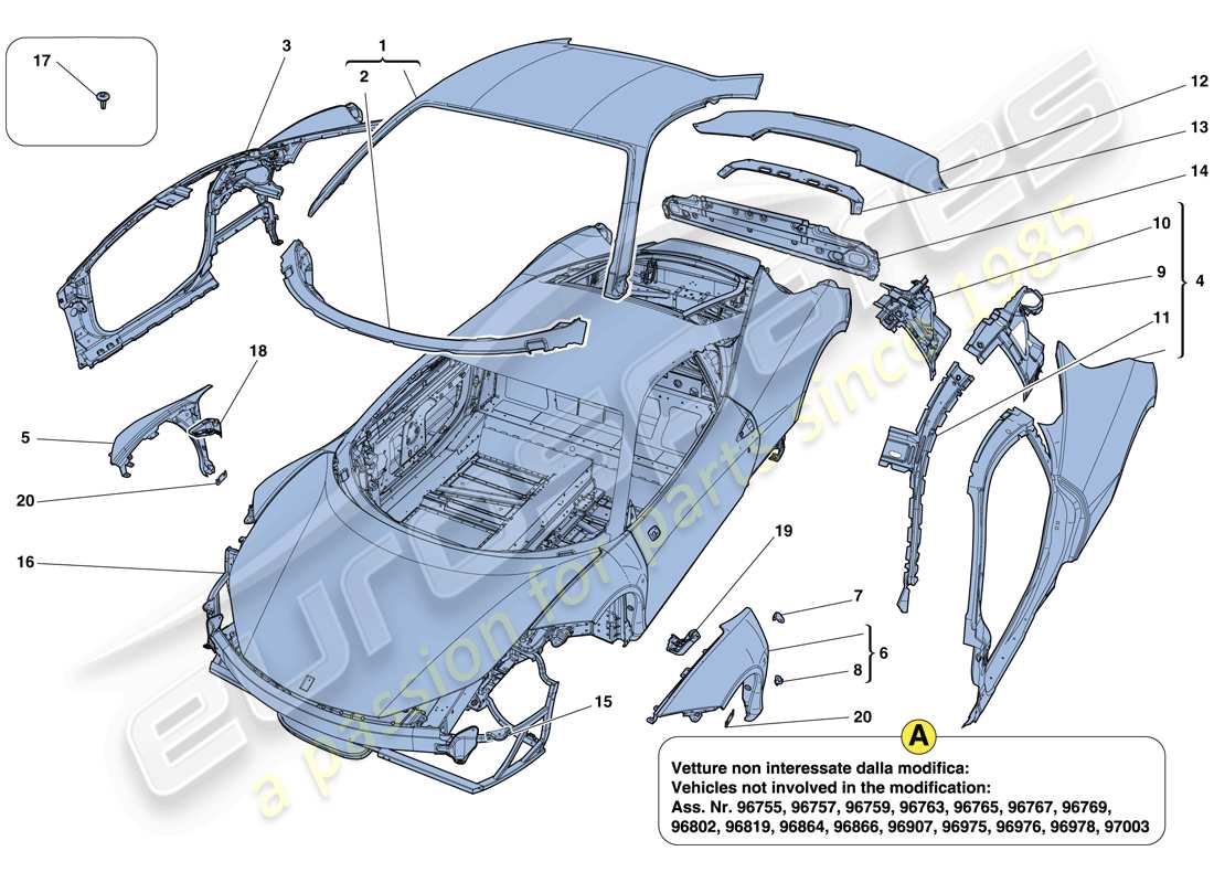 ferrari 458 italia (usa) carrocería - diagrama de piezas de acabado externo