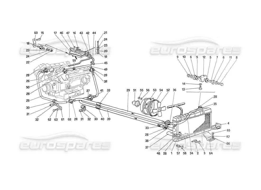 ferrari 208 turbo (1989) diagrama de piezas del sistema de refrigeración