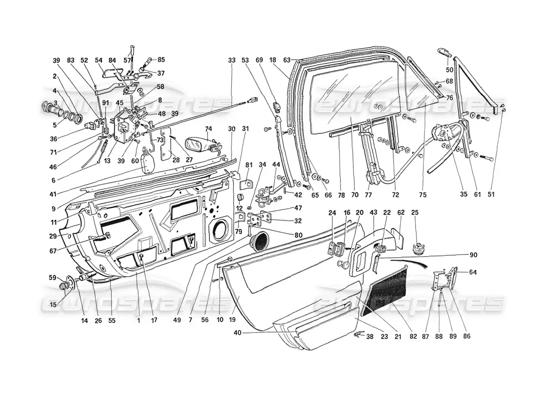 ferrari 208 turbo (1989) diagrama de piezas de puertas (hasta el coche 71595)
