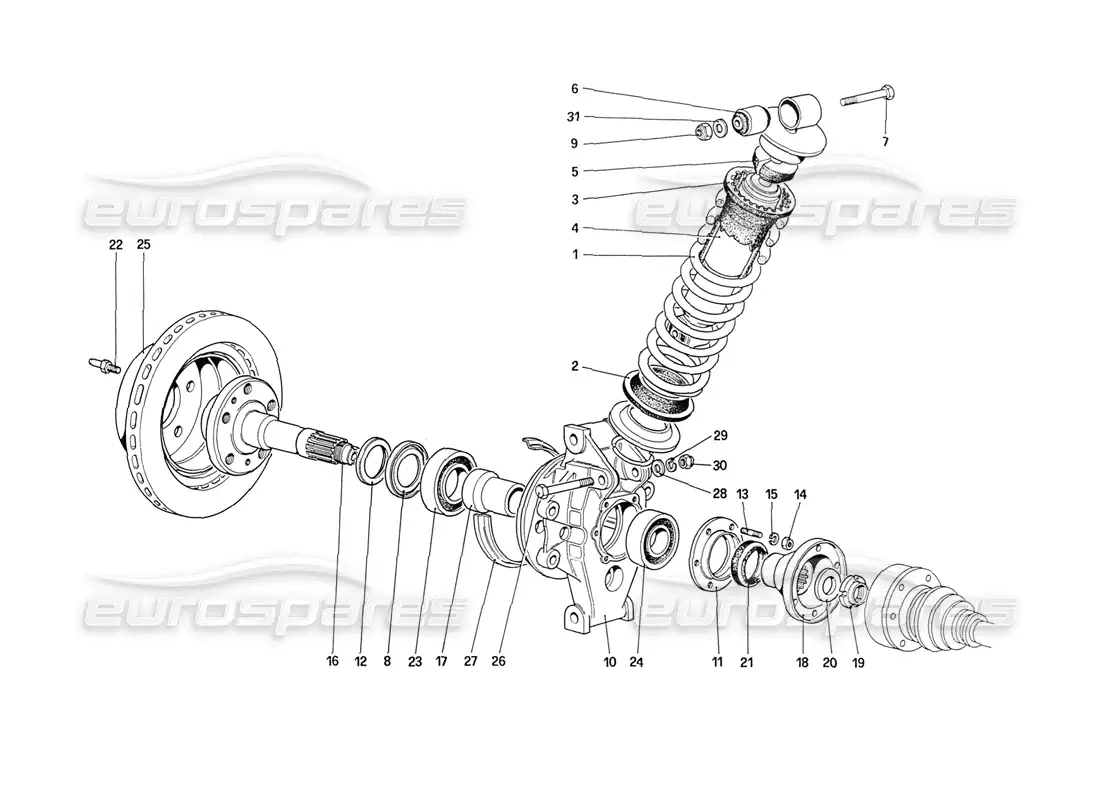 ferrari 208 turbo (1989) suspensión trasera: diagrama de piezas de amortiguador y disco de freno (hasta el número de vehículo 76625)