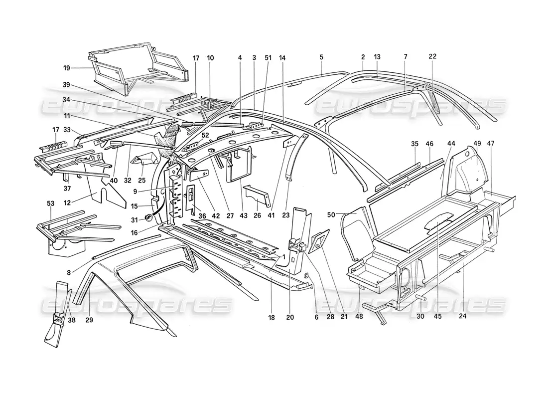 ferrari 208 turbo (1989) carrocería - diagrama de piezas de elementos interiores