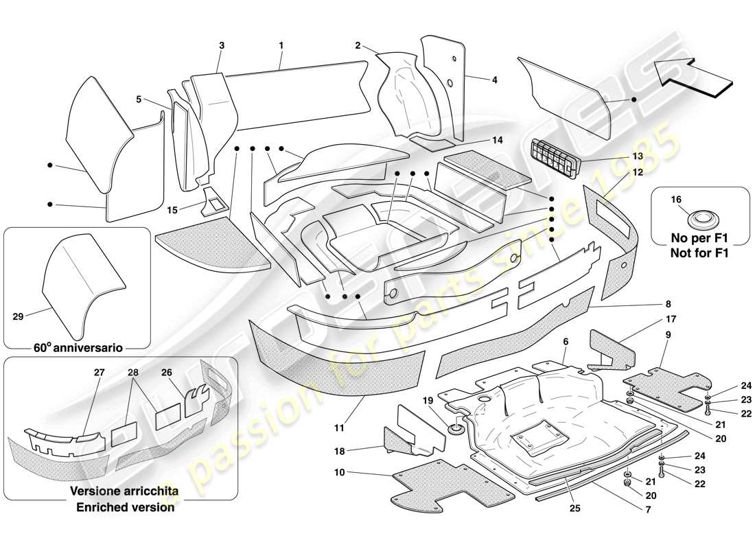 ferrari 612 sessanta (europe) aislamiento del maletero diagrama de piezas