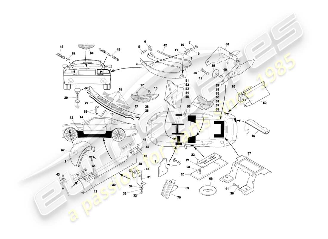 aston martin db7 vantage (2001) diagrama de piezas de accesorios para la carrocería