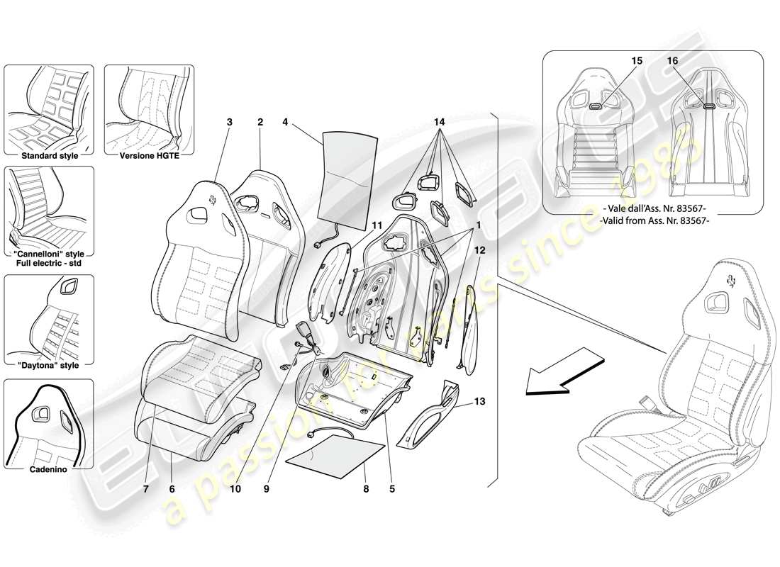 ferrari 599 gtb fiorano (europe) asiento delantero - acabado y componentes internos diagrama de piezas