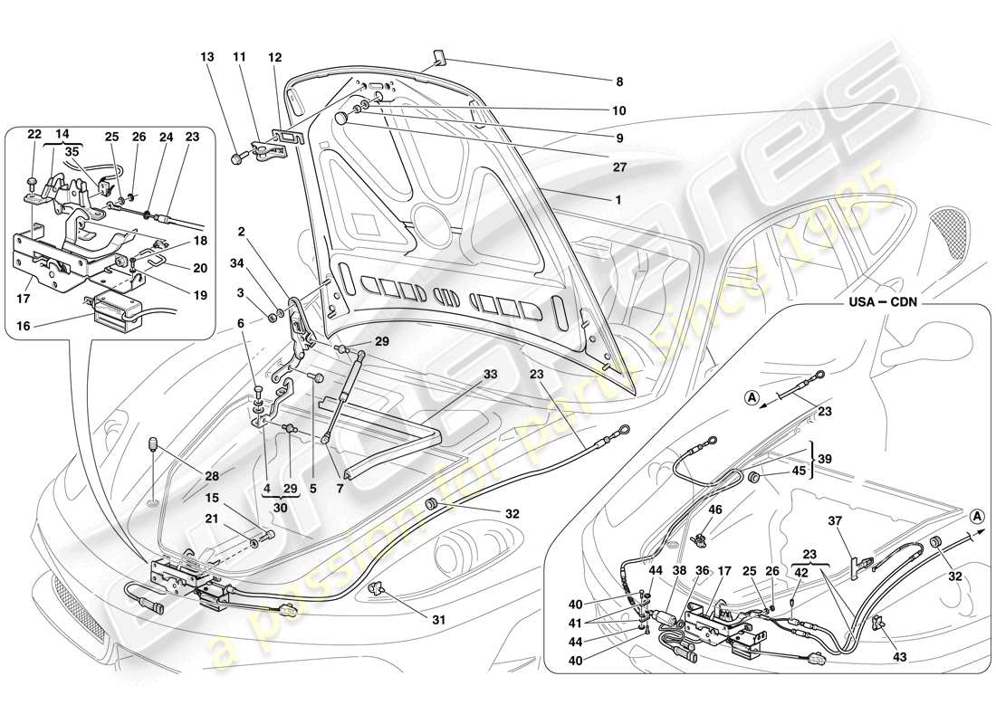 ferrari f430 scuderia (rhd) tapa frontal y mecanismo de apertura diagrama de piezas