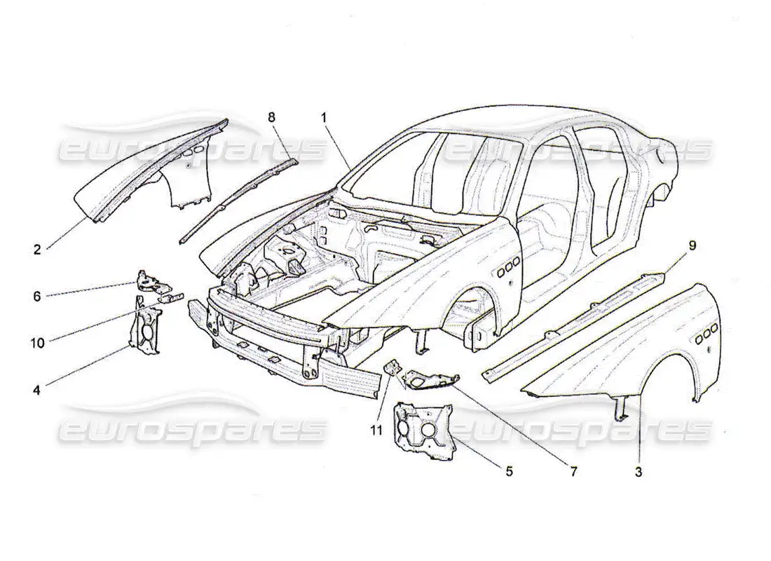 maserati qtp. (2010) 4.2 carrocería y paneles exteriores delanteros diagrama de piezas