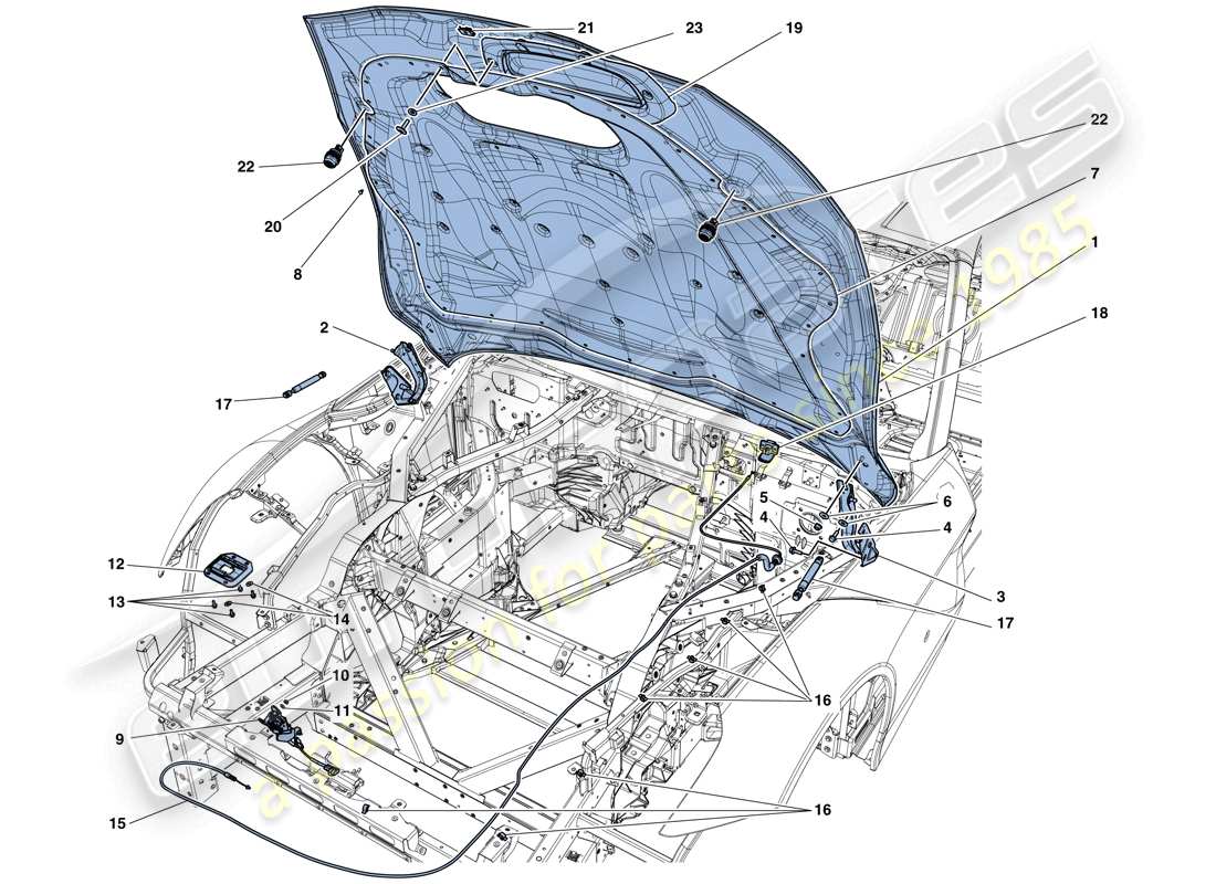 ferrari f12 berlinetta (rhd) tapa frontal y mecanismo de apertura diagrama de piezas