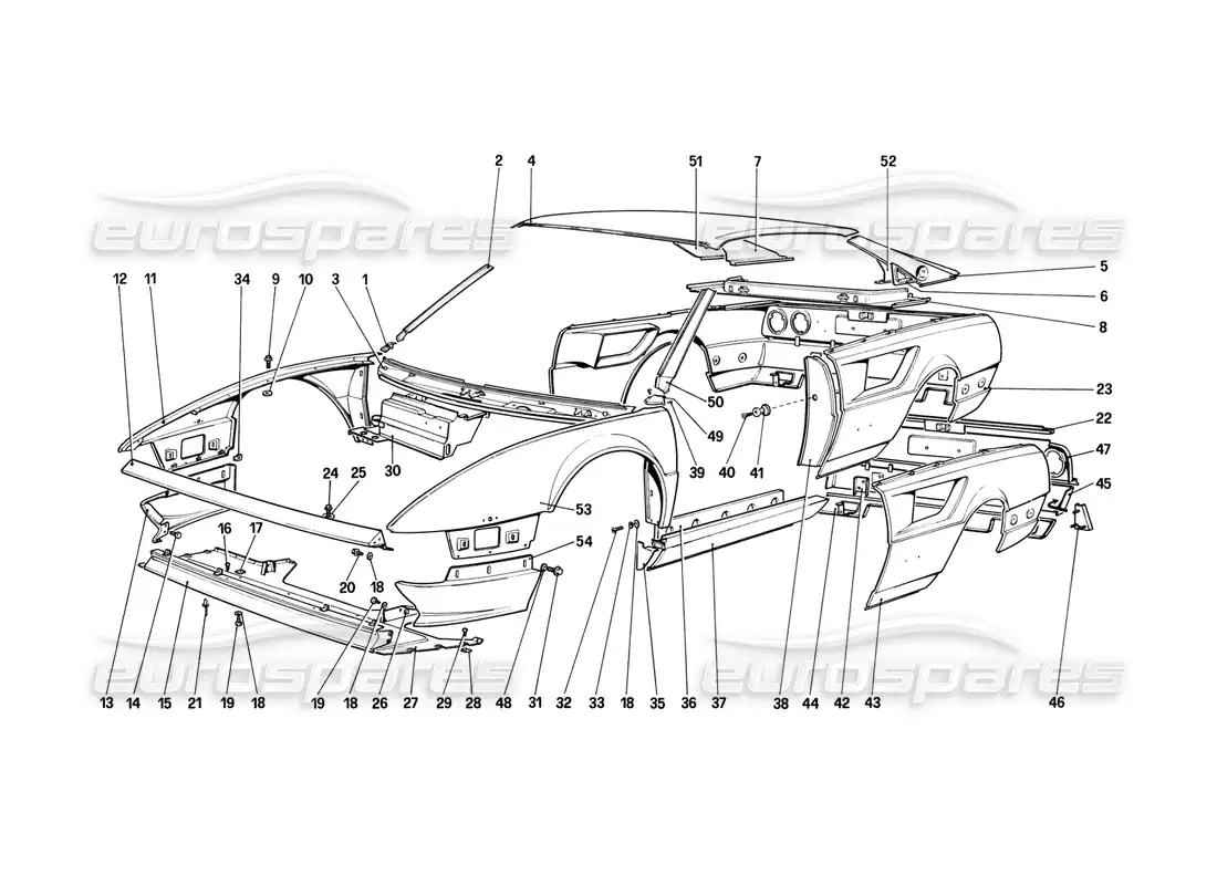 ferrari mondial 8 (1981) carrocería - diagrama de piezas de elementos exteriores