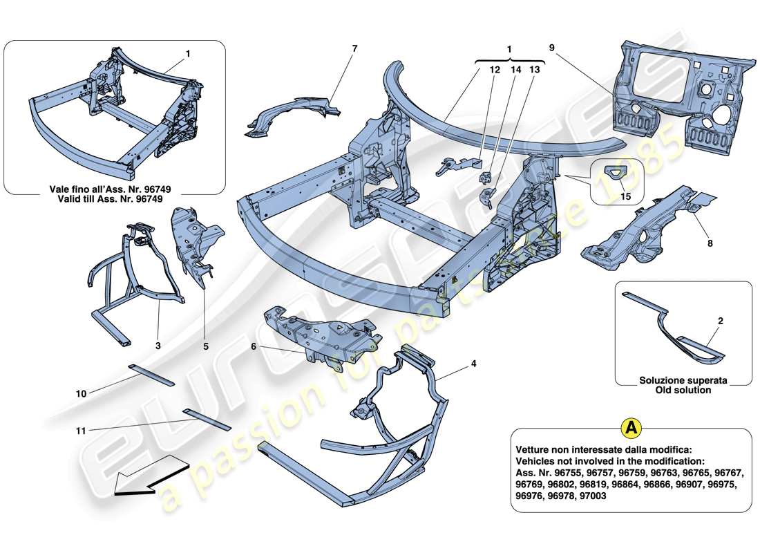 ferrari 458 italia (usa) chasis - estructura frontal completa y paneles diagrama de piezas