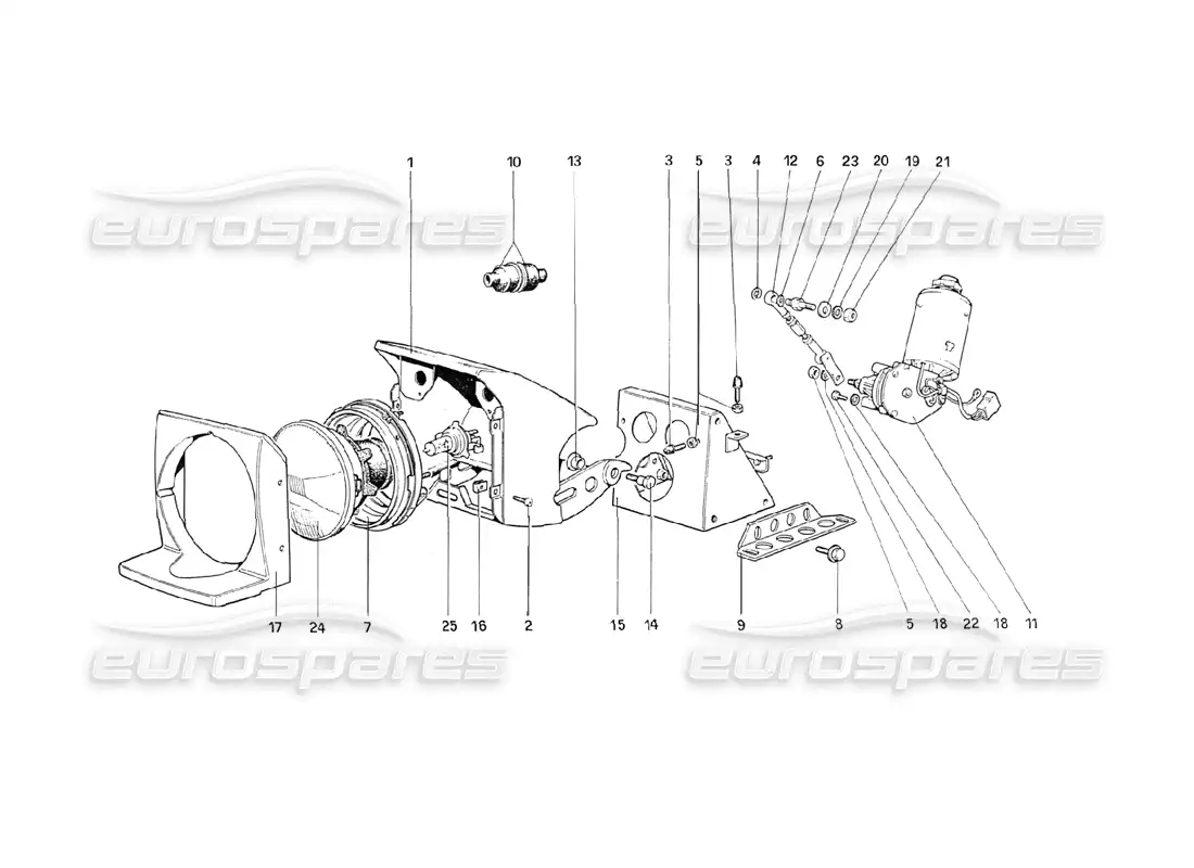ferrari 208 turbo (1989) dispositivo de elevación de luces y faros. diagrama de piezas