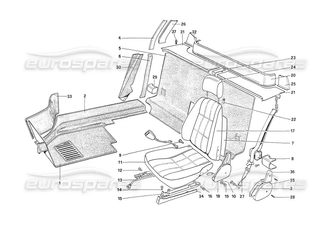 ferrari 208 turbo (1989) diagrama de piezas de molduras interiores, accesorios y asientos