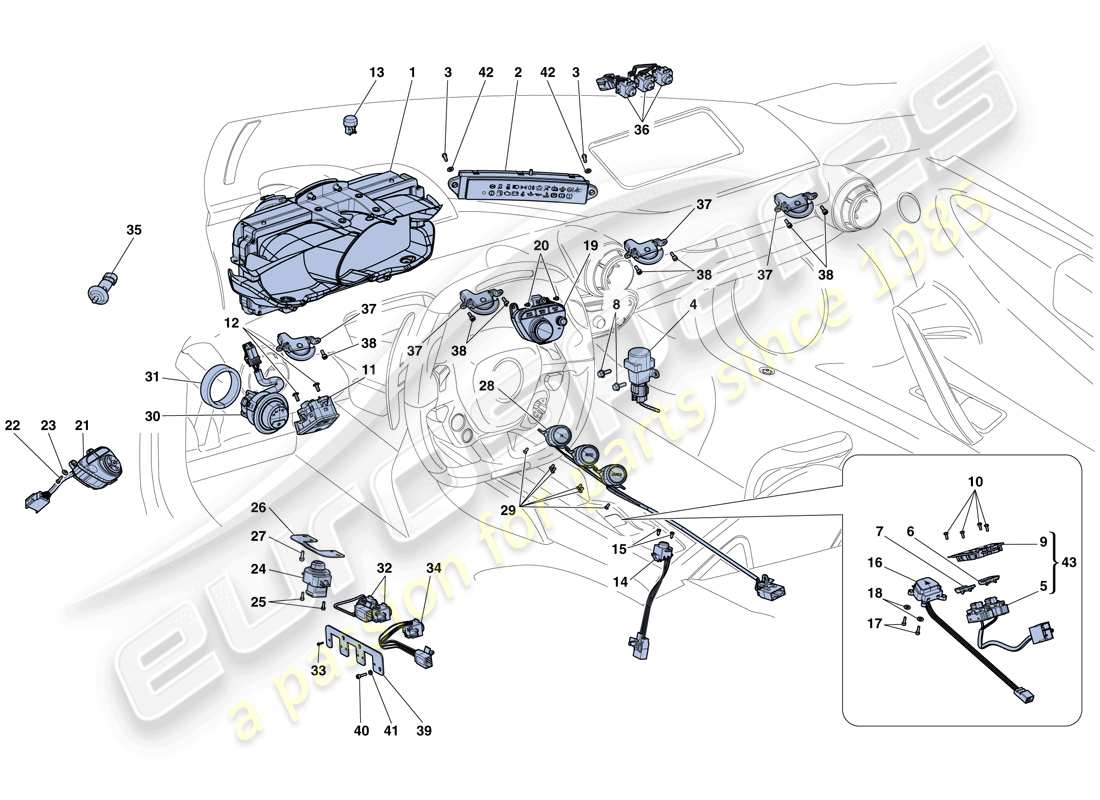 ferrari laferrari aperta (usa) instrumentos del salpicadero y del túnel diagrama de piezas