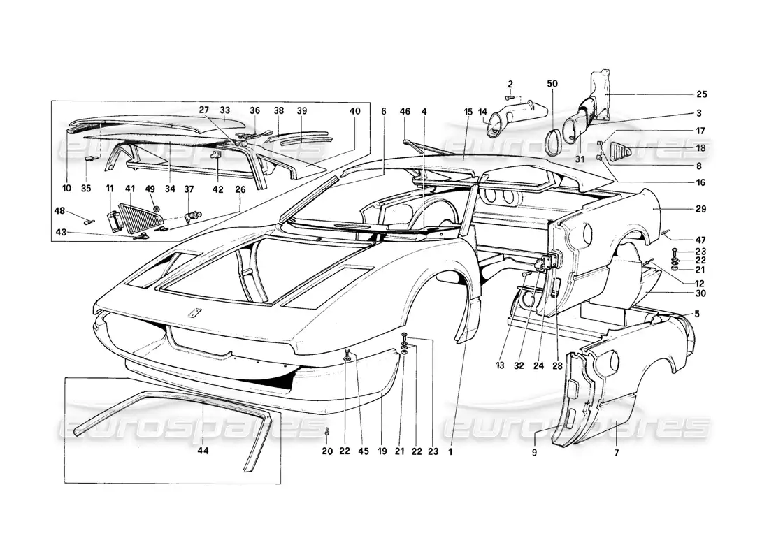 ferrari 308 (1981) gtbi/gtsi carrocería - elementos exteriores diagrama de piezas
