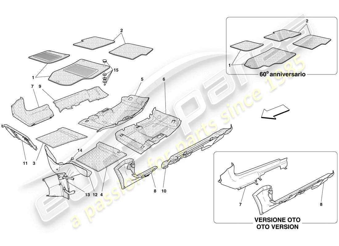 ferrari 612 sessanta (europe) adornos y alfombrillas del habitáculo diagrama de piezas