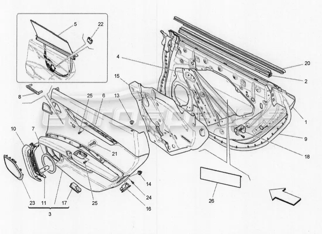 maserati qtp. v8 3.8 530bhp 2014 auto puertas traseras: diagrama de piezas de los paneles embellecedores