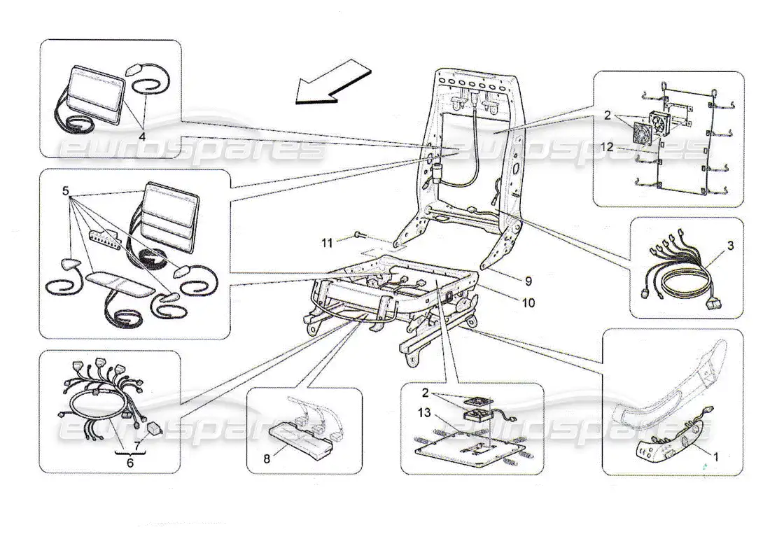 maserati qtp. (2010) 4.2 asientos delanteros: mecánica y electrónica diagrama de piezas