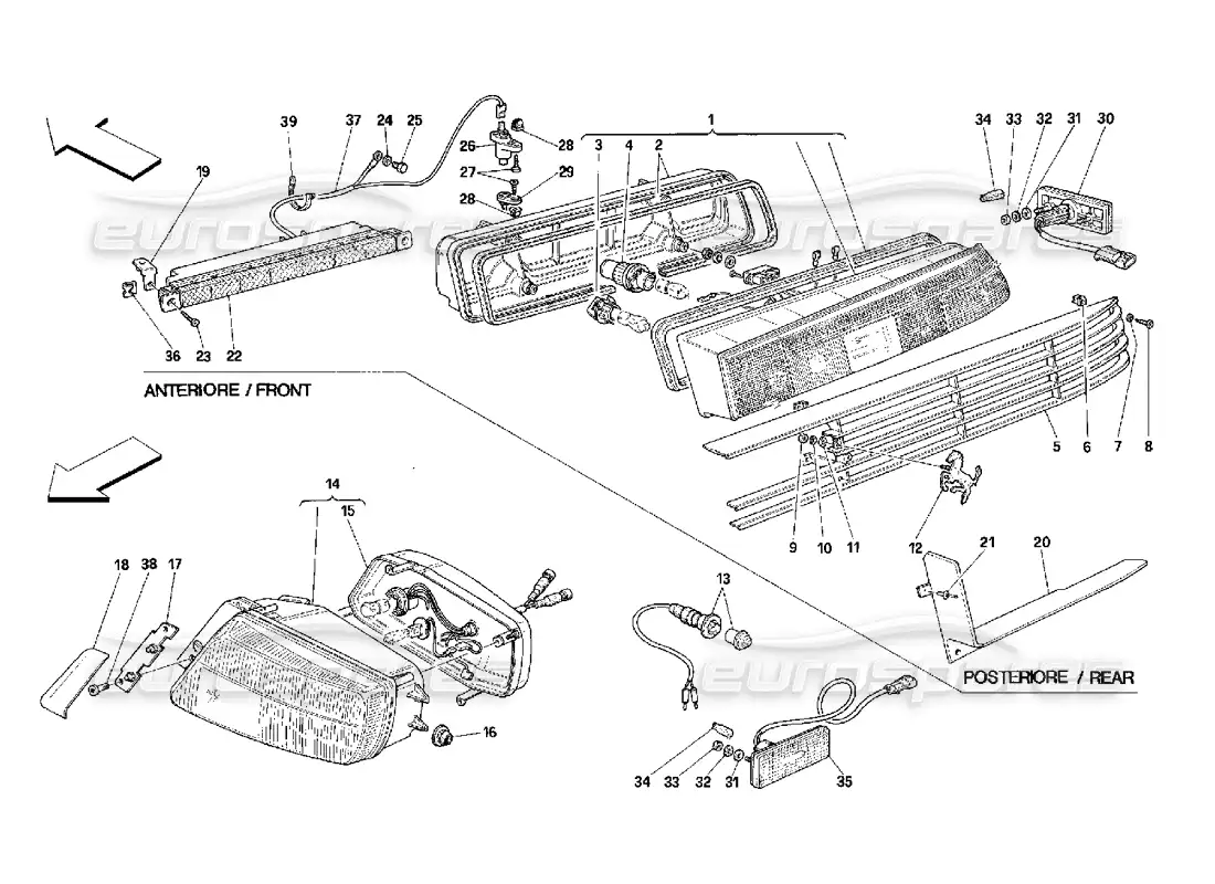 ferrari 348 (2.7 motronic) luces delanteras y traseras diagrama de piezas
