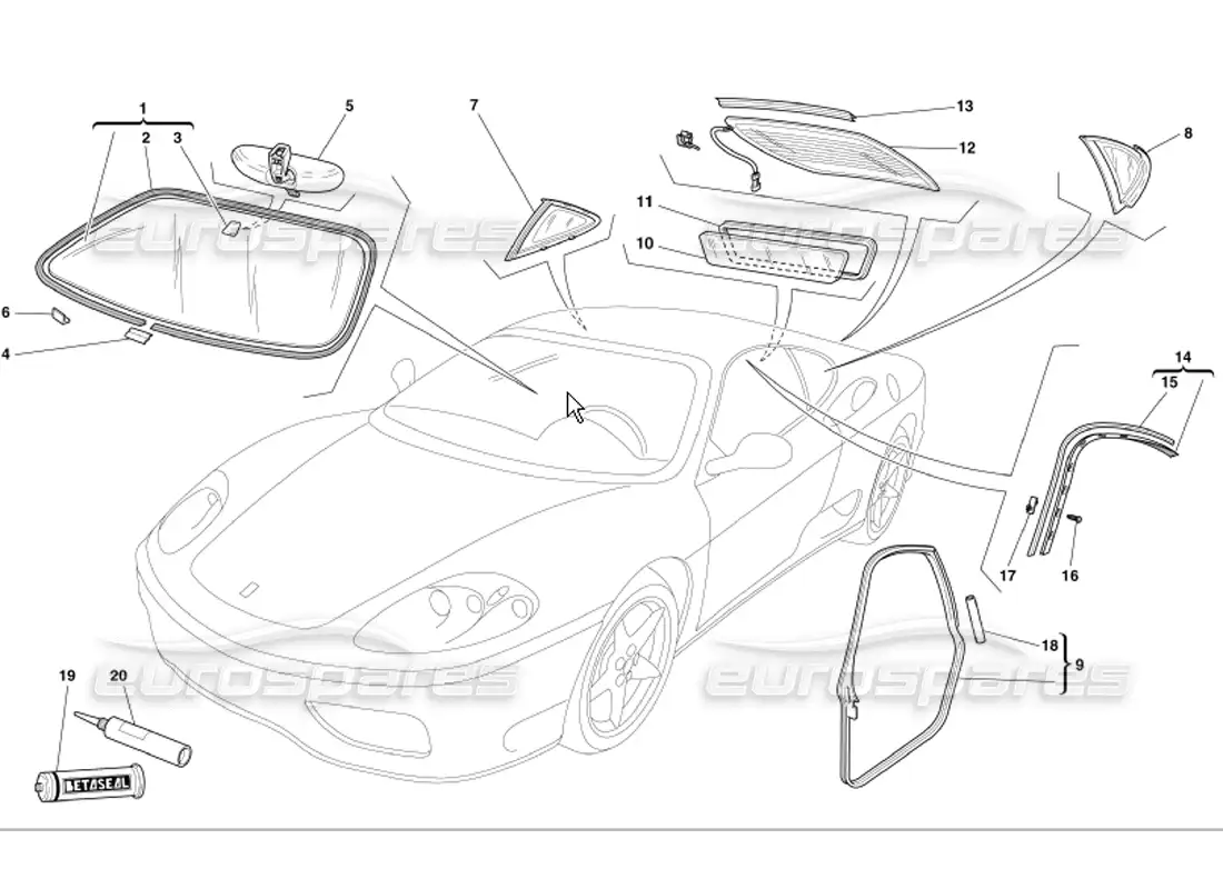 ferrari 360 modena vidrios y juntas diagrama de piezas