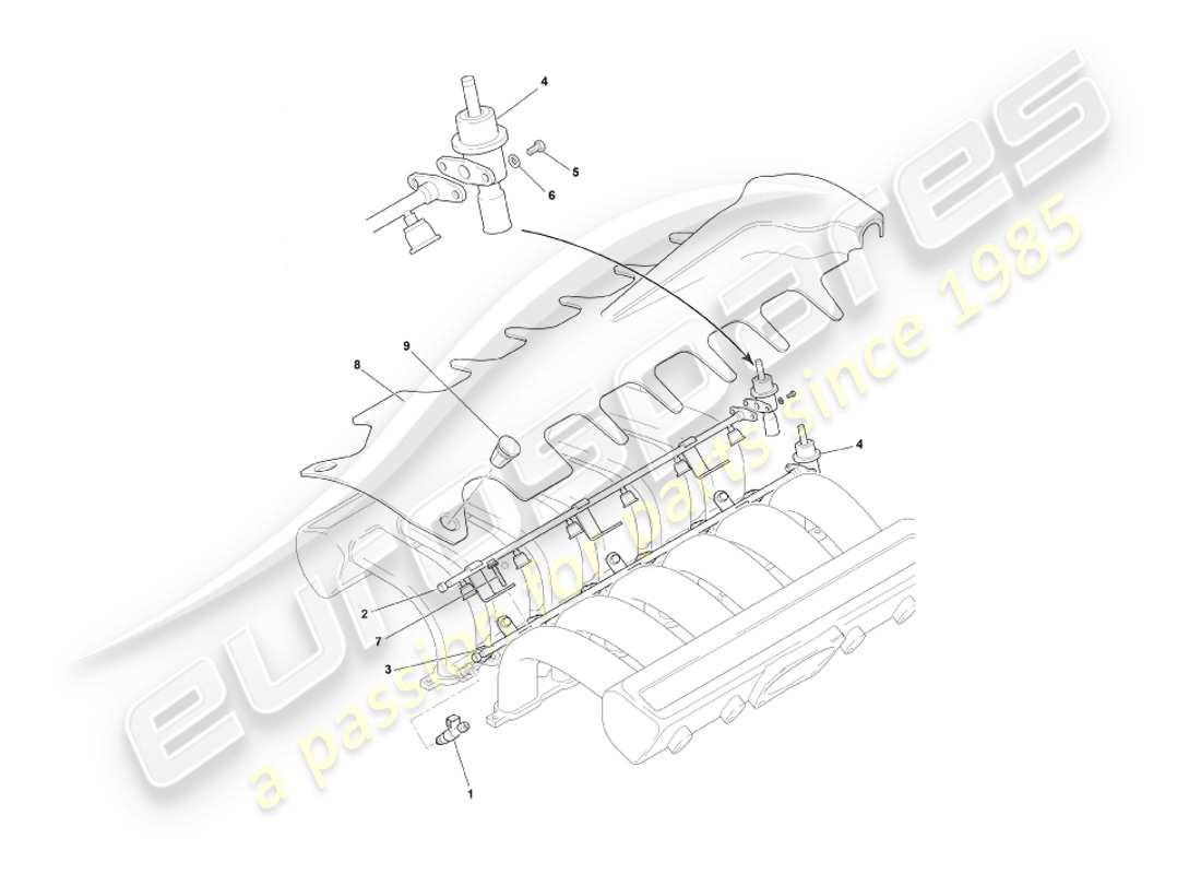 aston martin db7 vantage (2000) diagrama de piezas de inyectores y rieles de combustible