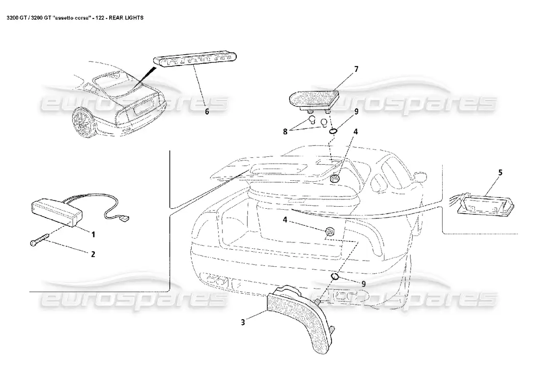 maserati 3200 gt/gta/assetto corsa luces traseras diagrama de piezas