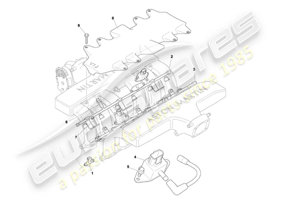 aston martin vanquish (2007) rieles de combustible e inyectores diagrama de piezas
