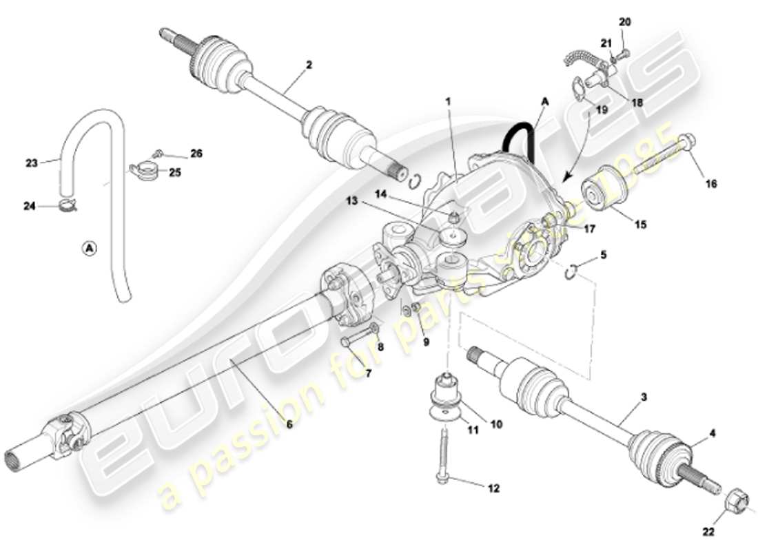 aston martin vanquish (2001) diagrama de piezas de conjunto de diferencial, transmisión y ejes de transmisión