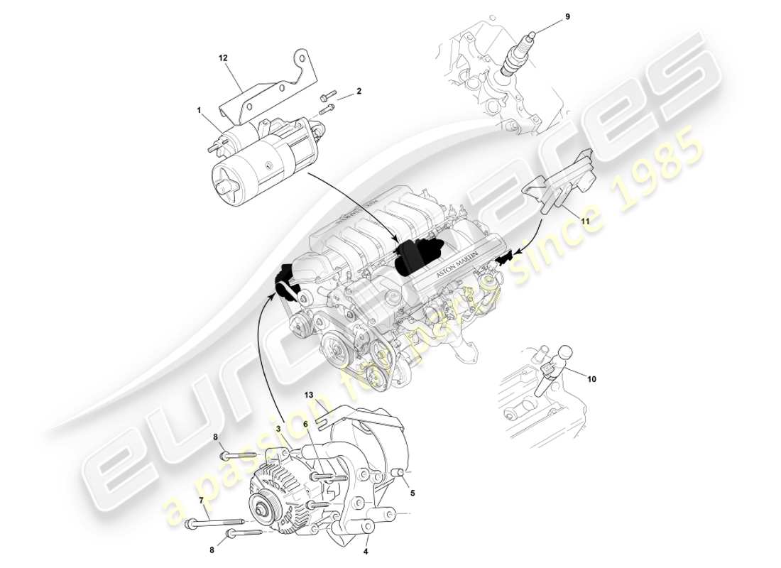 aston martin db7 vantage (2002) diagrama de piezas de los componentes eléctricos del motor