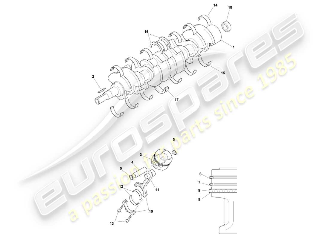 aston martin db7 vantage (2002) diagrama de piezas del cigüeñal, pistones y bielas