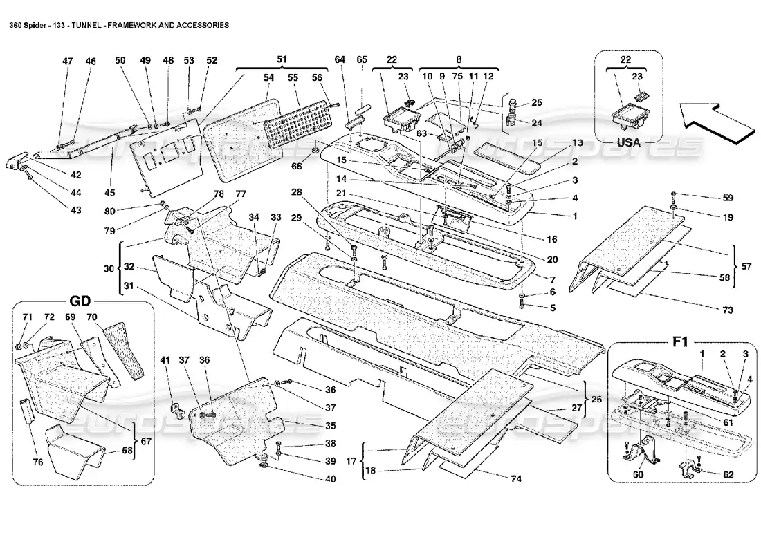 ferrari 360 spider túnel - estructura y accesorios diagrama de piezas