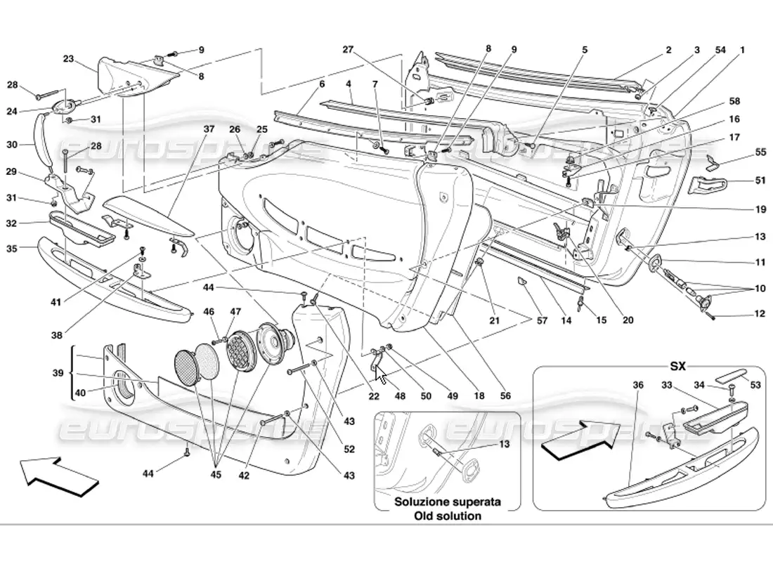 ferrari 360 modena marcos y revestimientos de puertas diagrama de piezas