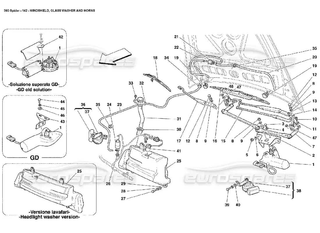 ferrari 360 spider parabrisas, arandela y bocinas diagrama de piezas