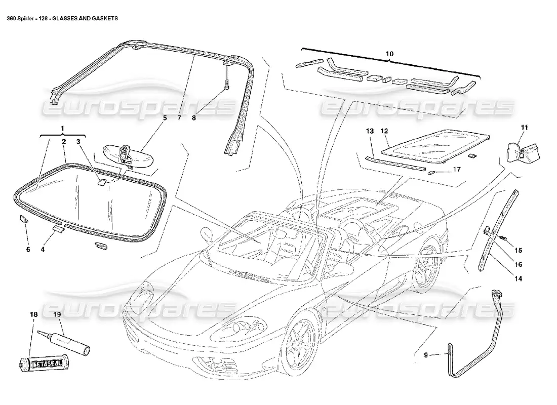 ferrari 360 spider vidrios y juntas diagrama de piezas