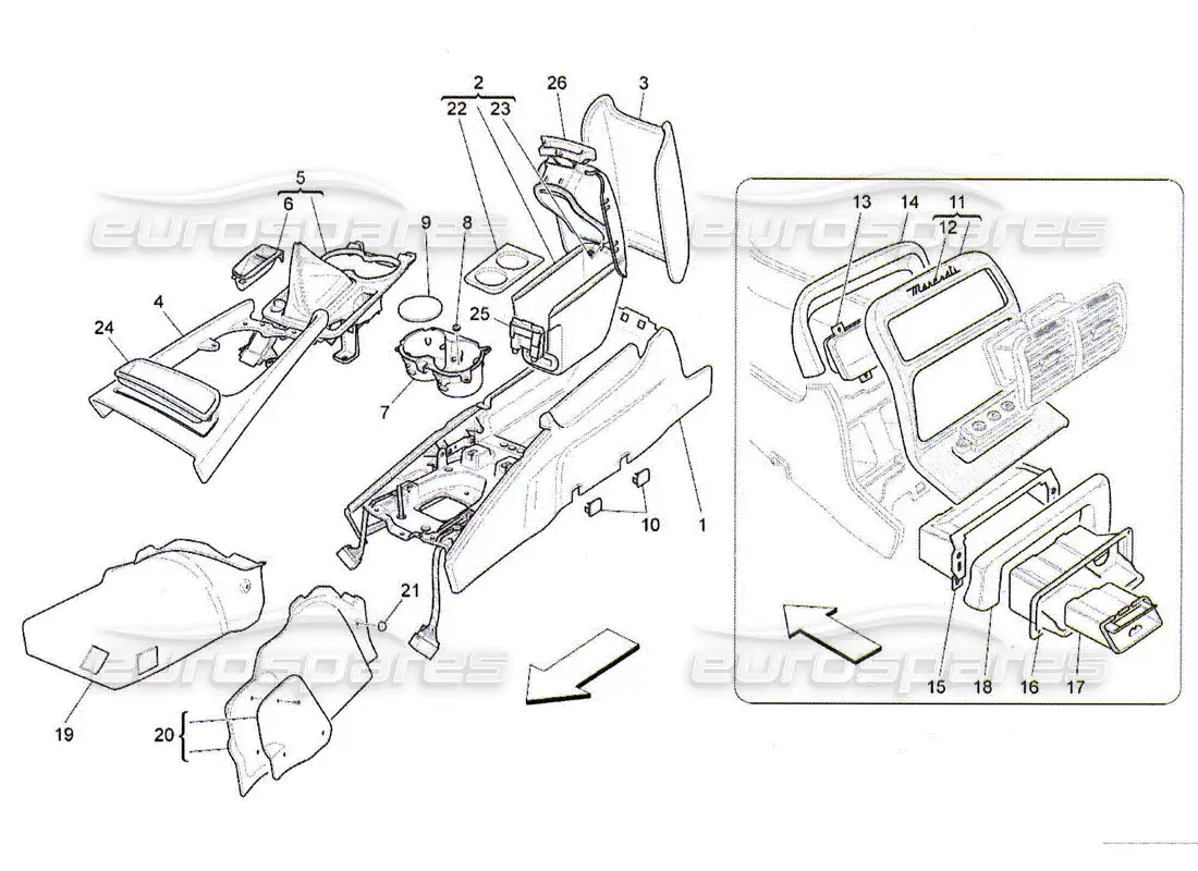maserati qtp. (2010) 4.2 consola de accesorios y consola central diagrama de piezas