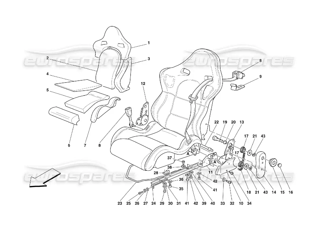 ferrari 355 (5.2 motronic) asientos y cinturones de seguridad diagrama de piezas