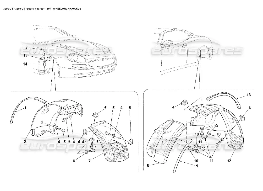 maserati 3200 gt/gta/assetto corsa protectores de pasos de rueda diagrama de piezas
