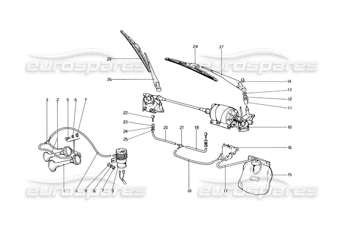 ferrari 246 dino (1975) limpiaparabrisas, arandela y bocina diagrama de piezas